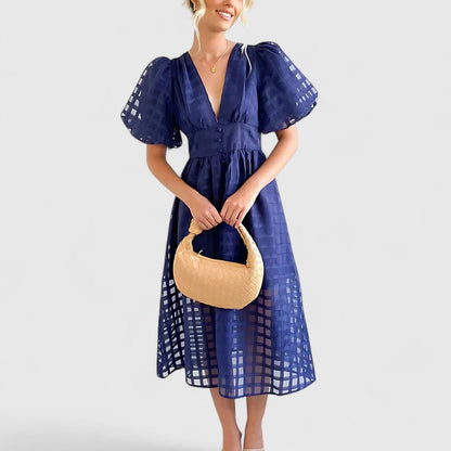 Elegant Midi Dress for Women V-Neck Puff-Sleeve Sheer-Check