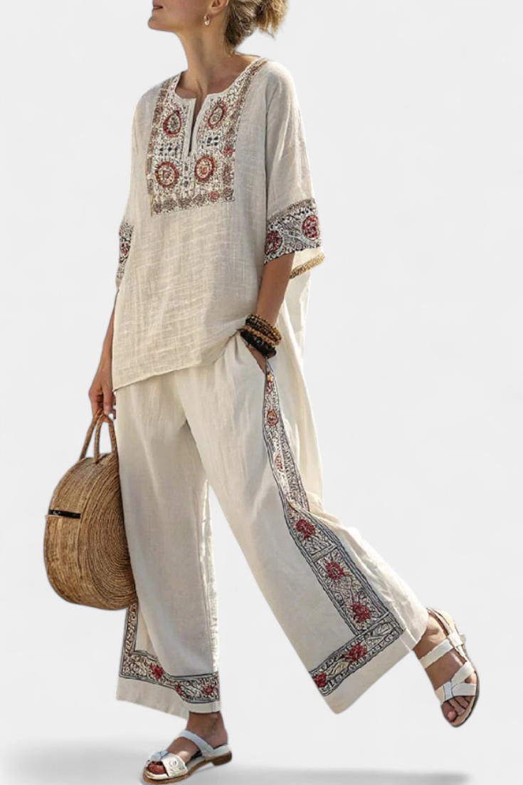Stylish Two-Piece Set for Women Embroidered Wide-Leg