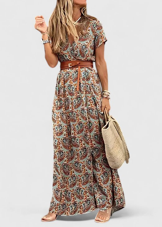 Elegant Wrap Maxi Dress for Women Short-Sleeve Paisley-Print Belted