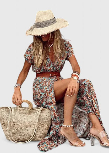 Elegant Wrap Maxi Dress for Women Short-Sleeve Paisley-Print Belted