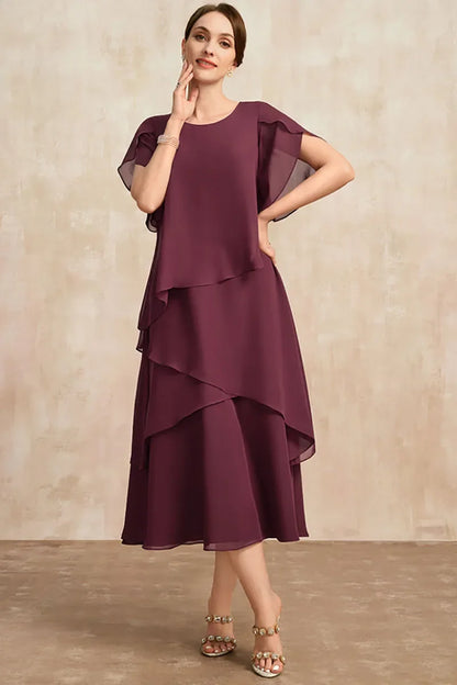 Elegant Midi Dress for Women Tiered Short-Sleeve