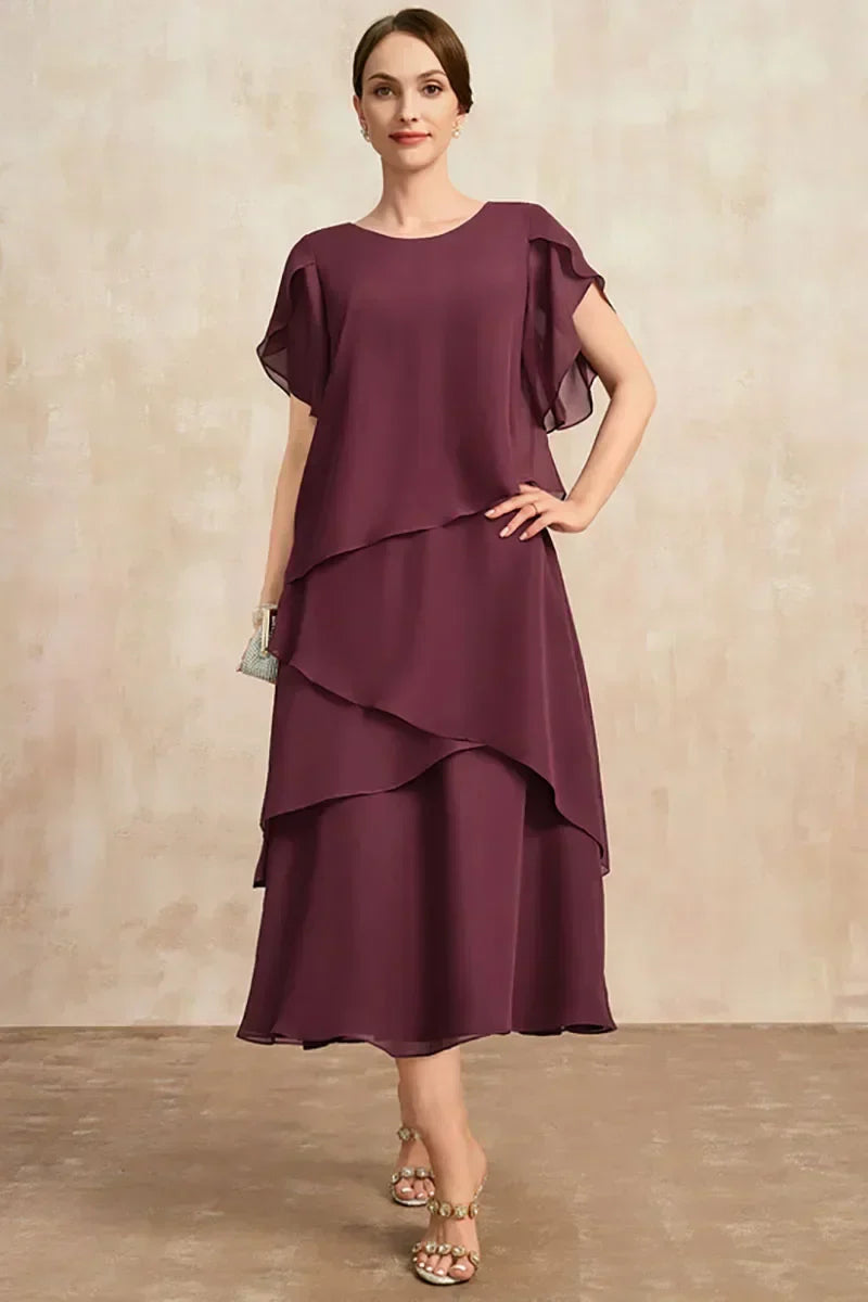 Elegant Midi Dress for Women Tiered Short-Sleeve