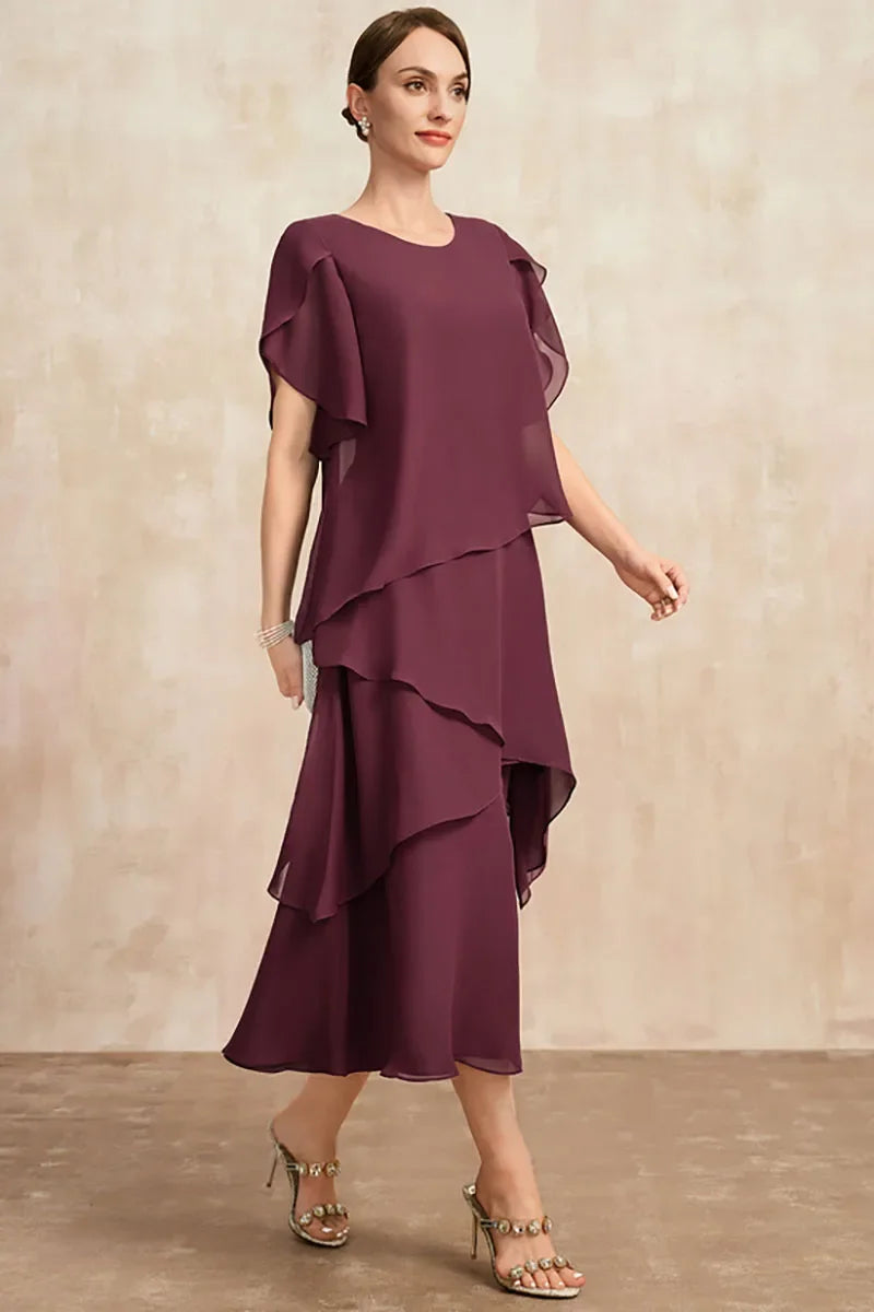 Elegant Midi Dress for Women Tiered Short-Sleeve