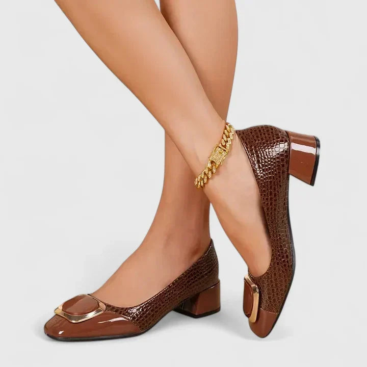 Elegant Pumps for Women Croc-Embossed Buckle Block-Heel