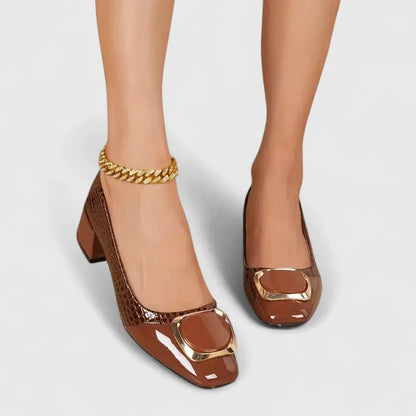 Elegant Pumps for Women Croc-Embossed Buckle Block-Heel