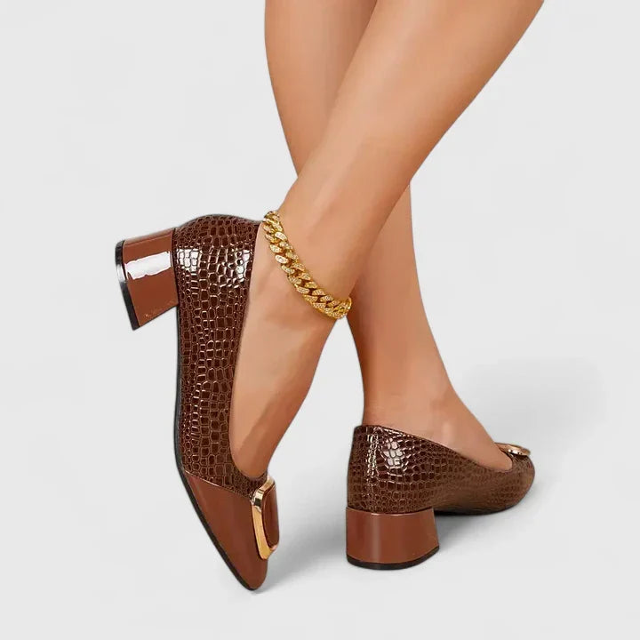 Elegant Pumps for Women Croc-Embossed Buckle Block-Heel