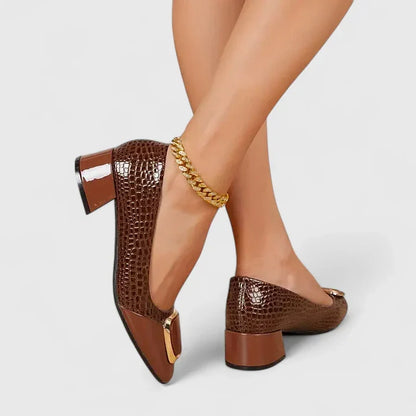 Elegant Pumps for Women Croc-Embossed Buckle Block-Heel