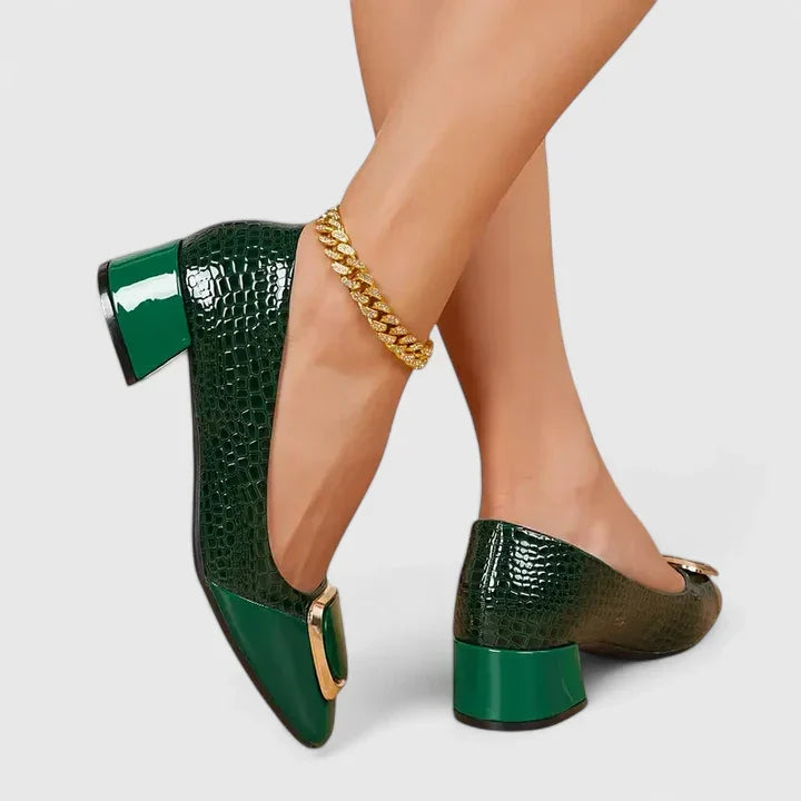Elegant Pumps for Women Croc-Embossed Buckle Block-Heel