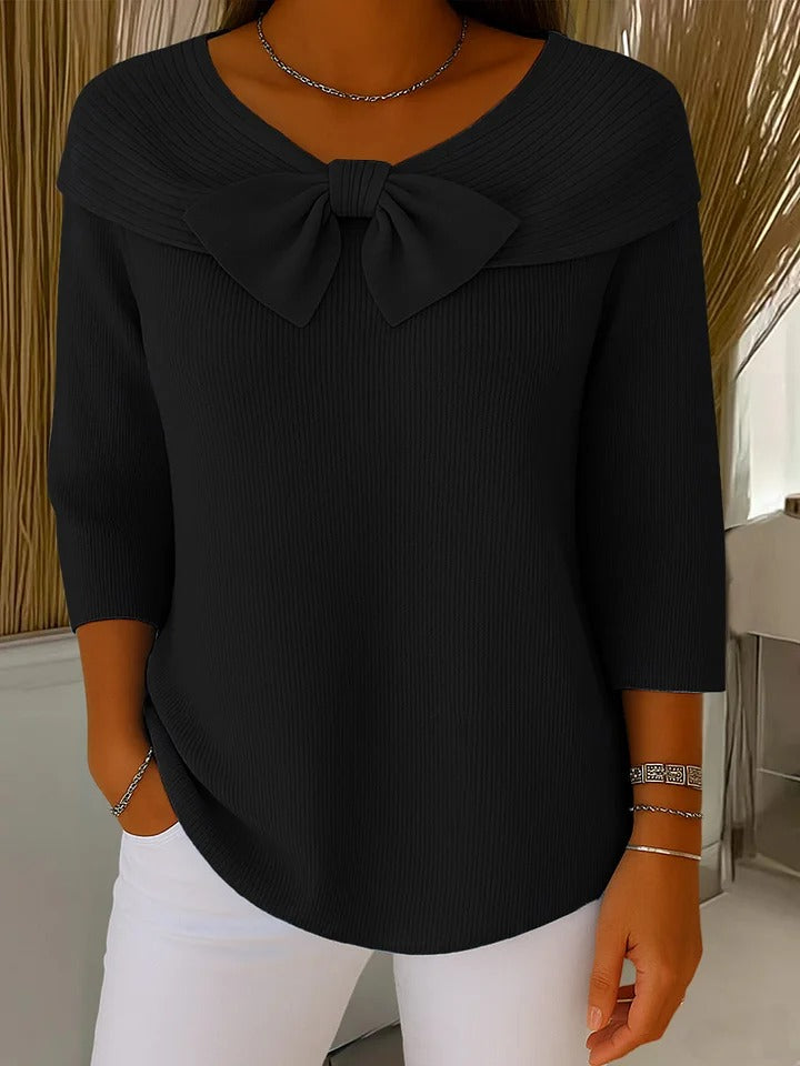 Elegant Sweater for Women Bow-Collar Long-Sleeve Rib-Knit
