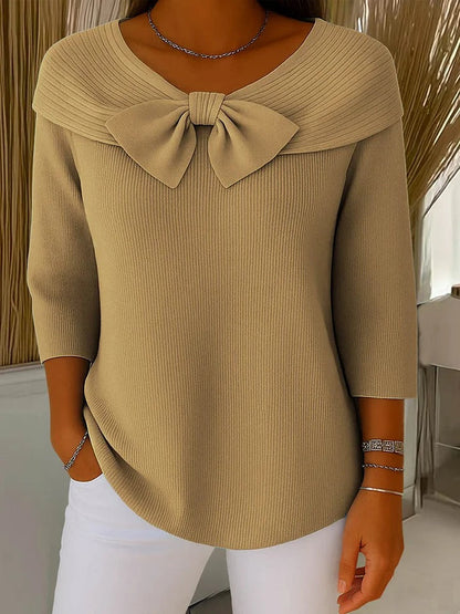Elegant Sweater for Women Bow-Collar Long-Sleeve Rib-Knit