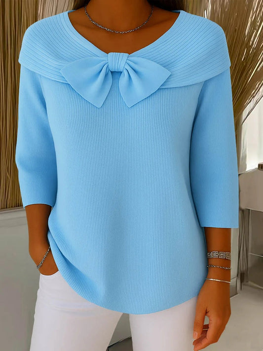 Elegant Sweater for Women Bow-Collar Long-Sleeve Rib-Knit