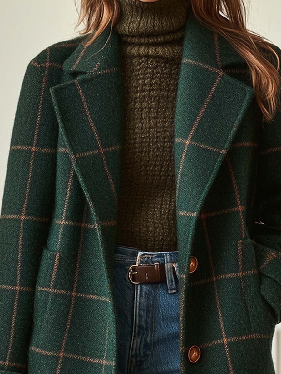 Elegant Wool Coat for Women Plaid Lapel Long-Sleeve — Green Plaid