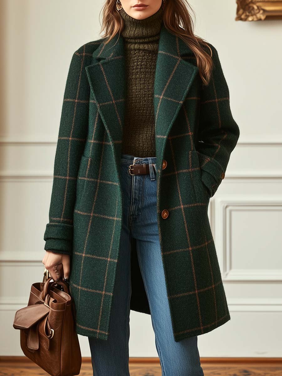 Elegant Wool Coat for Women Plaid Lapel Long-Sleeve — Green Plaid