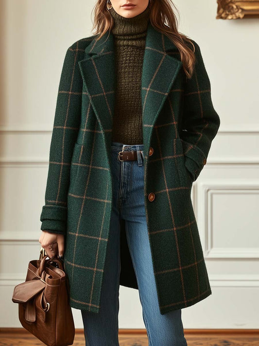 Elegant Wool Coat for Women Plaid Lapel Long-Sleeve — Green Plaid