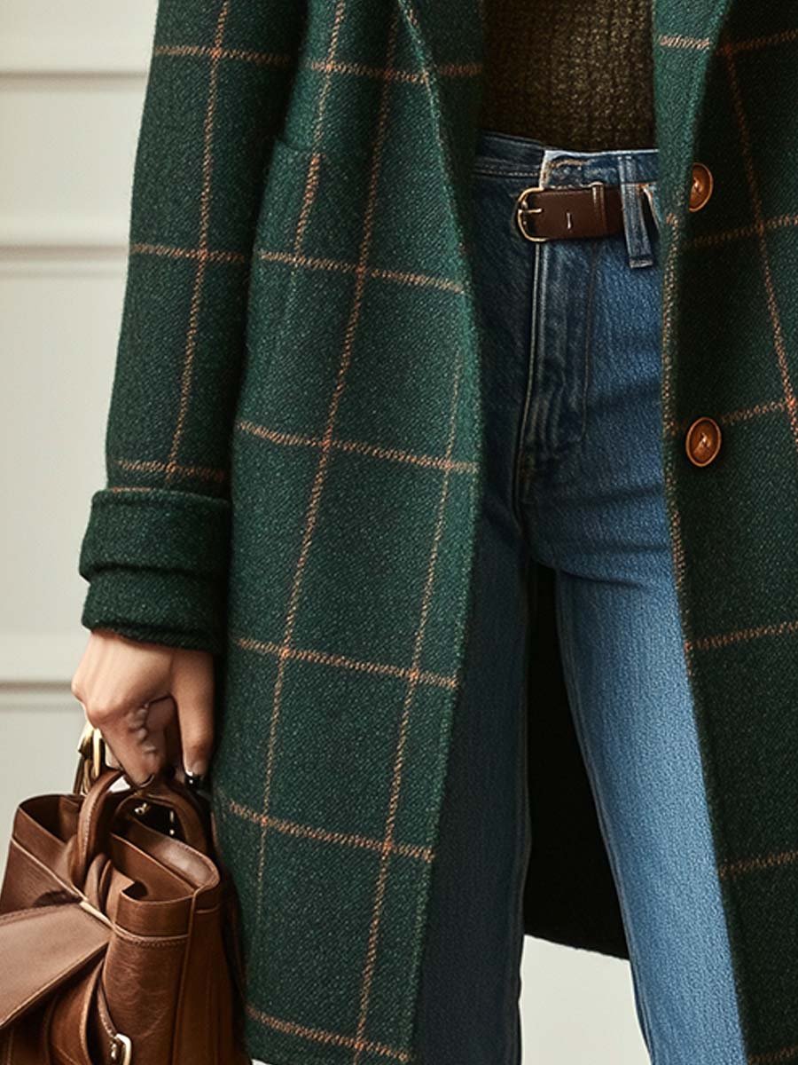 Elegant Wool Coat for Women Plaid Lapel Long-Sleeve — Green Plaid