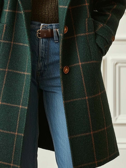 Elegant Wool Coat for Women Plaid Lapel Long-Sleeve — Green Plaid