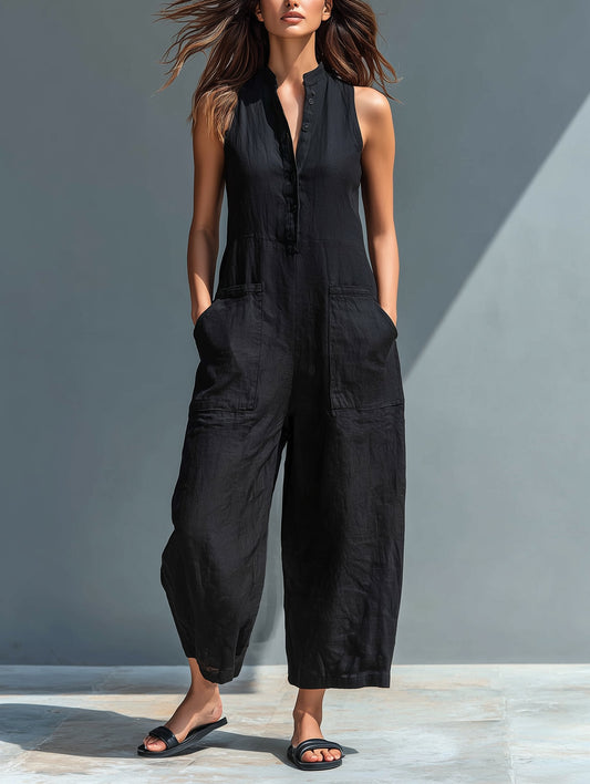 Effortless Linen Jumpsuit for Women Stand-Collar Sleeveless Button-Up