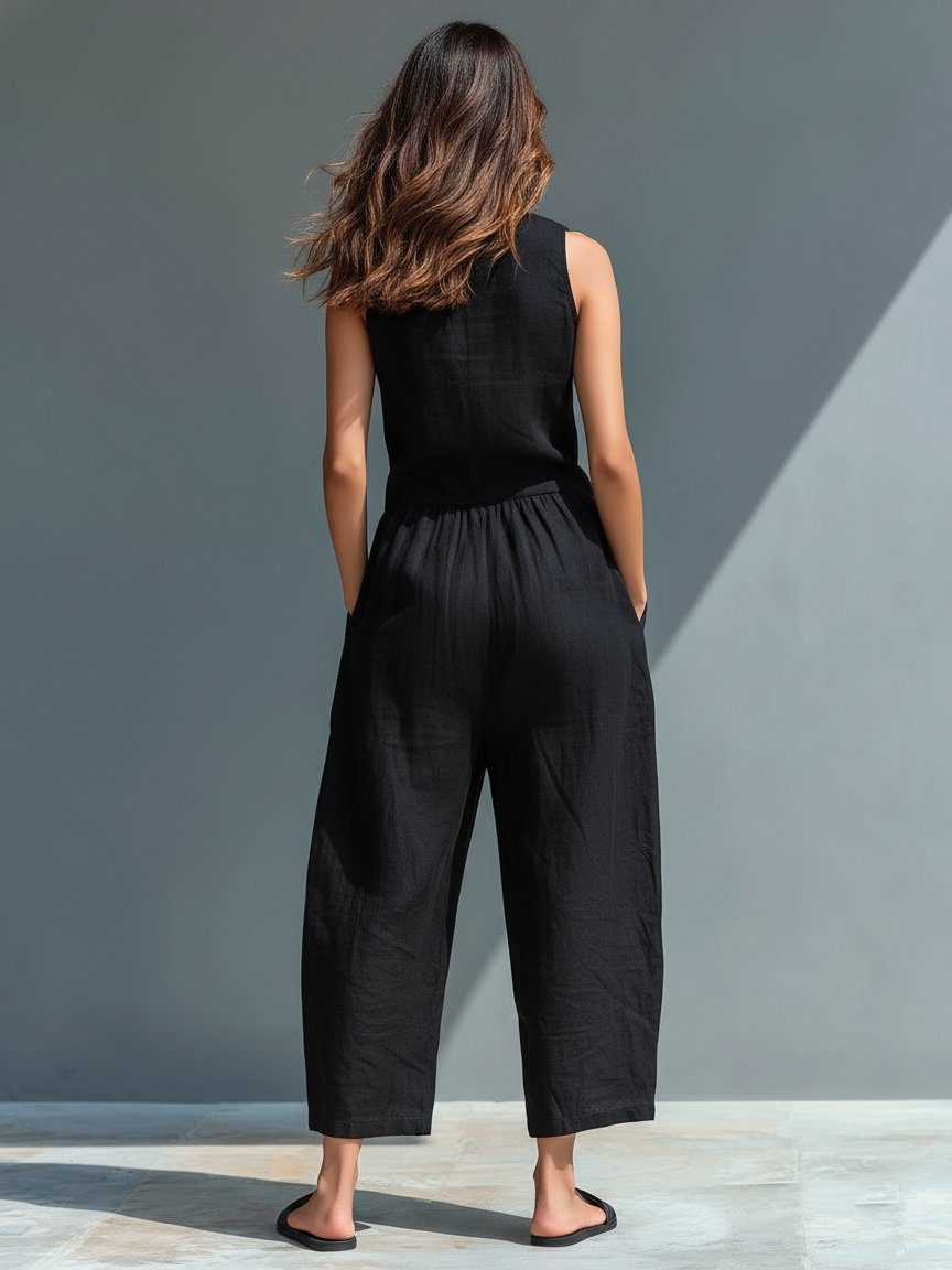 Effortless Linen Jumpsuit for Women Stand-Collar Sleeveless Button-Up