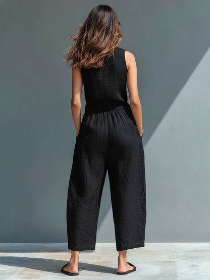Effortless Linen Jumpsuit for Women Stand-Collar Sleeveless Button-Up