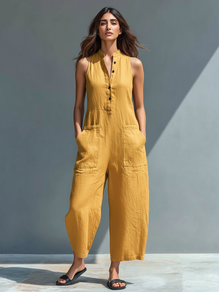 Effortless Linen Jumpsuit for Women Stand-Collar Sleeveless Button-Up