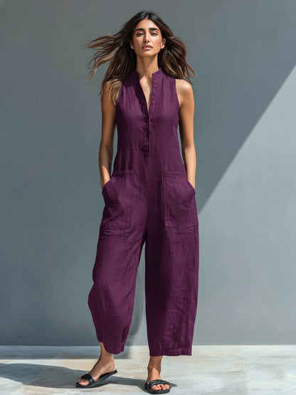 Effortless Linen Jumpsuit for Women Stand-Collar Sleeveless Button-Up