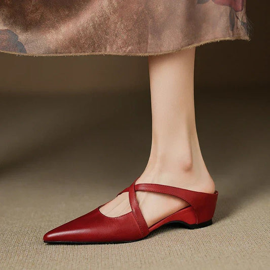 Stylish Leather Mules for Women Cross-Strap Pointed-Toe