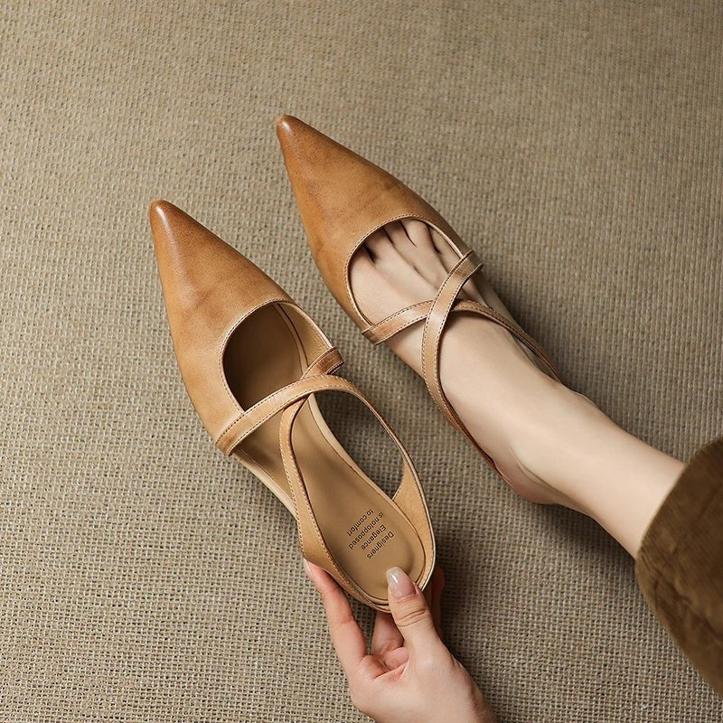 Stylish Leather Mules for Women Cross-Strap Pointed-Toe