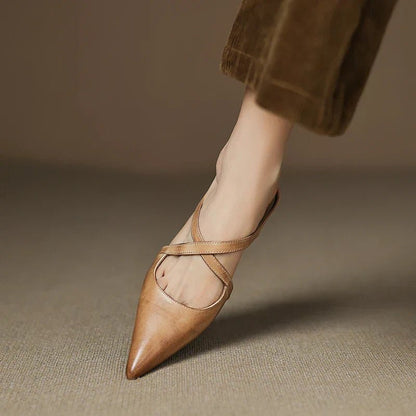 Stylish Leather Mules for Women Cross-Strap Pointed-Toe