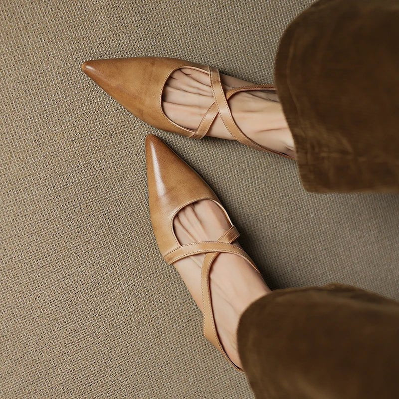 Stylish Leather Mules for Women Cross-Strap Pointed-Toe