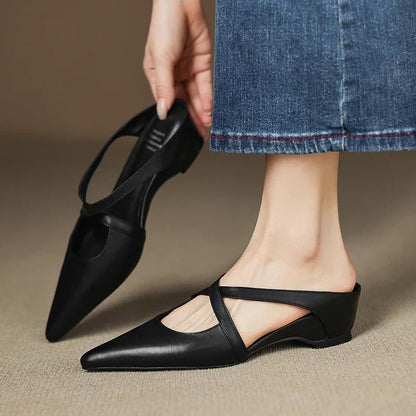 Stylish Leather Mules for Women Cross-Strap Pointed-Toe