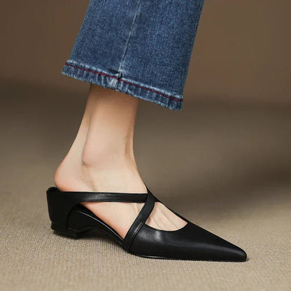 Stylish Leather Mules for Women Cross-Strap Pointed-Toe