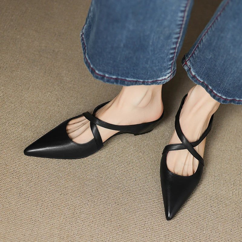 Stylish Leather Mules for Women Cross-Strap Pointed-Toe