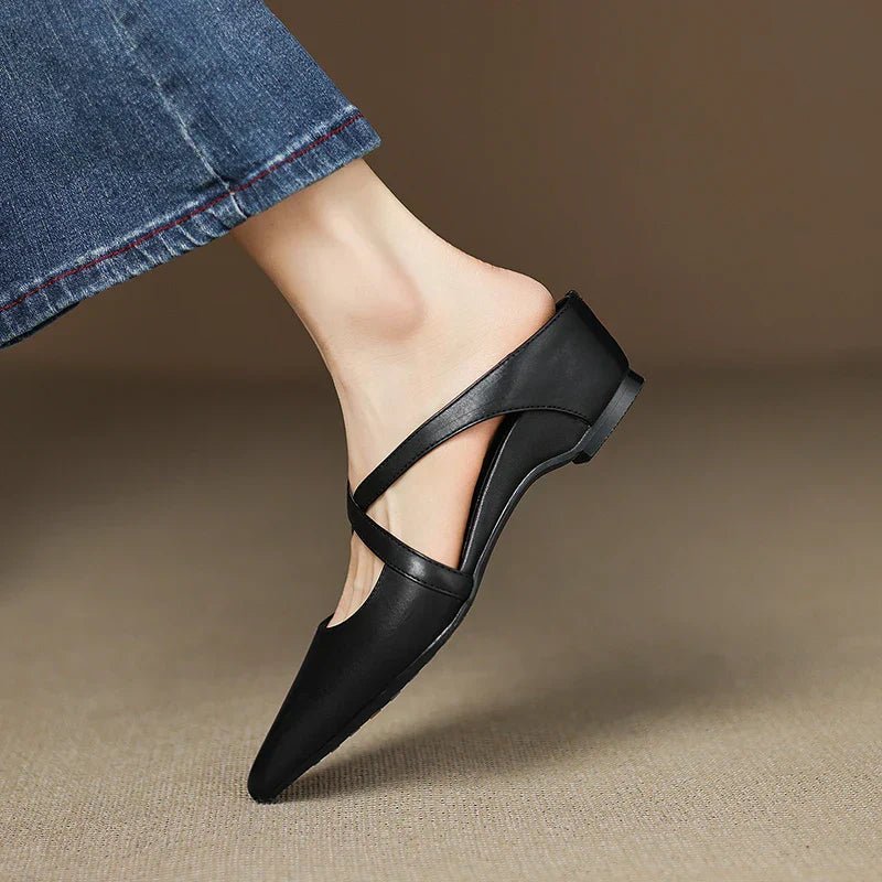 Stylish Leather Mules for Women Cross-Strap Pointed-Toe