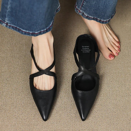 Stylish Leather Mules for Women Cross-Strap Pointed-Toe