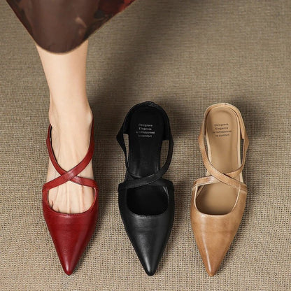 Stylish Leather Mules for Women Cross-Strap Pointed-Toe