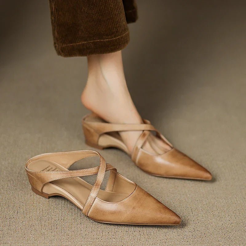 Stylish Leather Mules for Women Cross-Strap Pointed-Toe