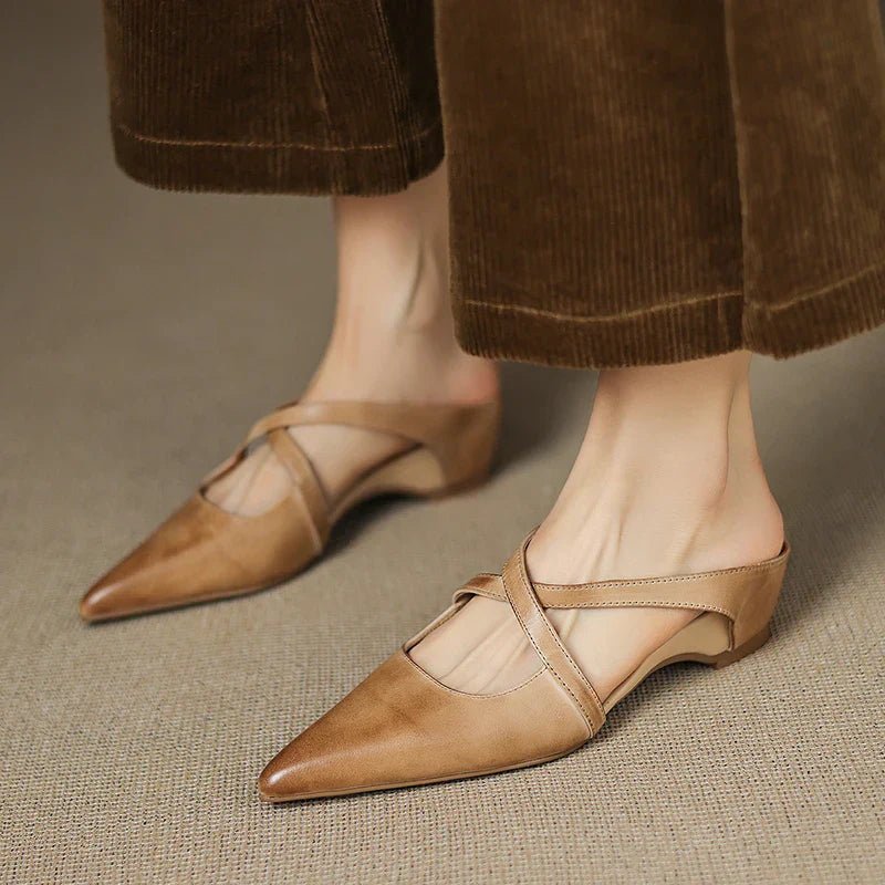 Stylish Leather Mules for Women Cross-Strap Pointed-Toe