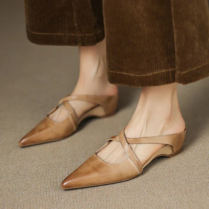 Stylish Leather Mules for Women Cross-Strap Pointed-Toe