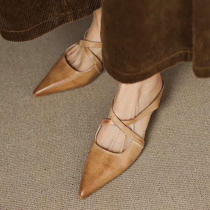 Stylish Leather Mules for Women Cross-Strap Pointed-Toe