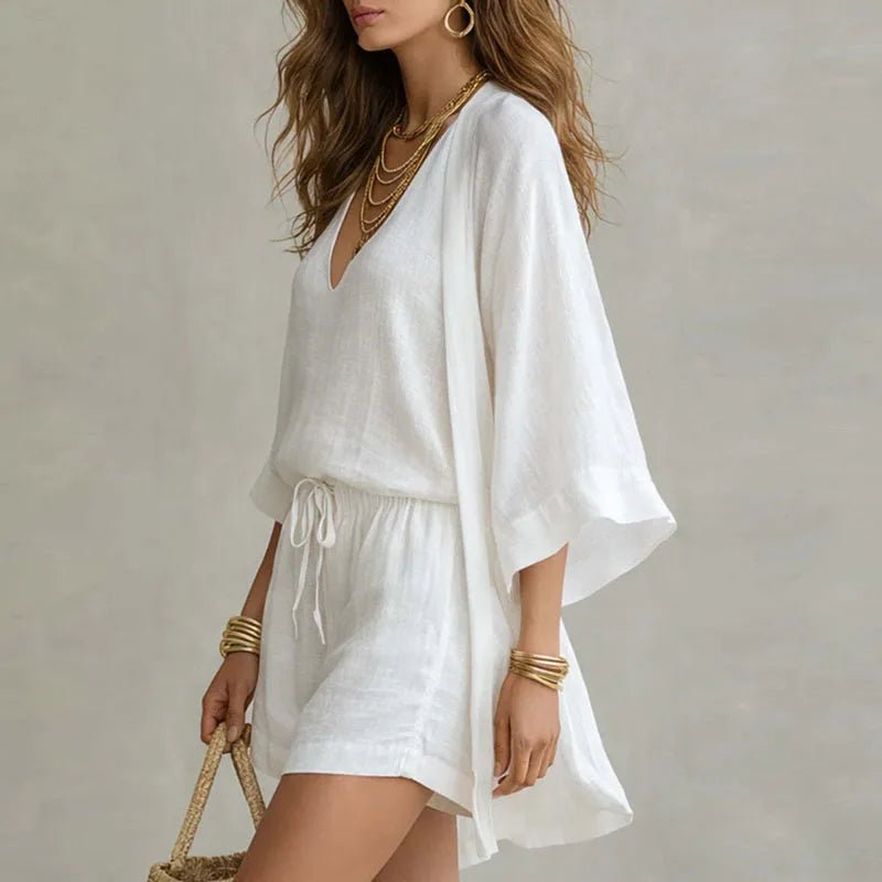 Effortless Linen Three-Piece Set for Women V-Neck Drawstring-Shorts