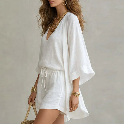 Effortless Linen Three-Piece Set for Women V-Neck Drawstring-Shorts