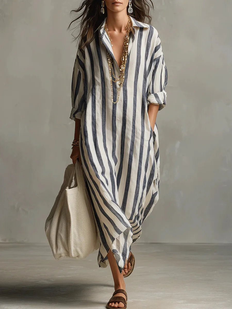 Effortless Linen Shirt Dress for Women Striped Long-Sleeve Maxi
