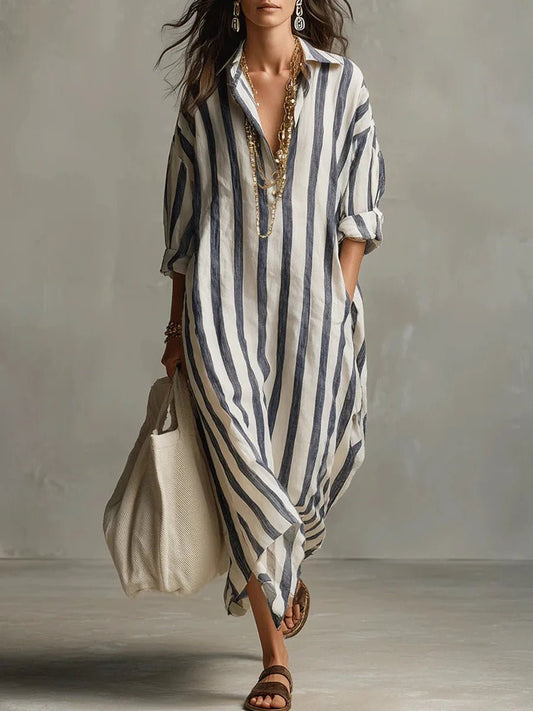 Effortless Linen Shirt Dress for Women Striped Long-Sleeve Maxi