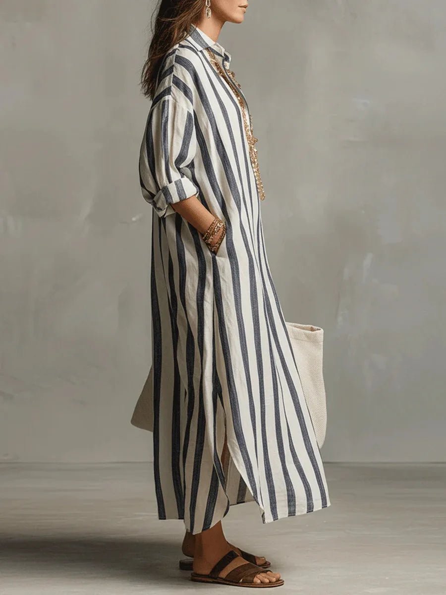 Effortless Linen Shirt Dress for Women Striped Long-Sleeve Maxi