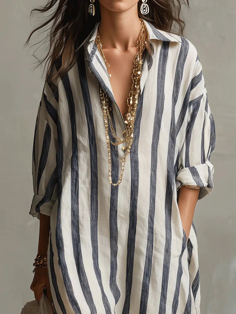 Effortless Linen Shirt Dress for Women Striped Long-Sleeve Maxi