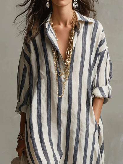 Effortless Linen Shirt Dress for Women Striped Long-Sleeve Maxi