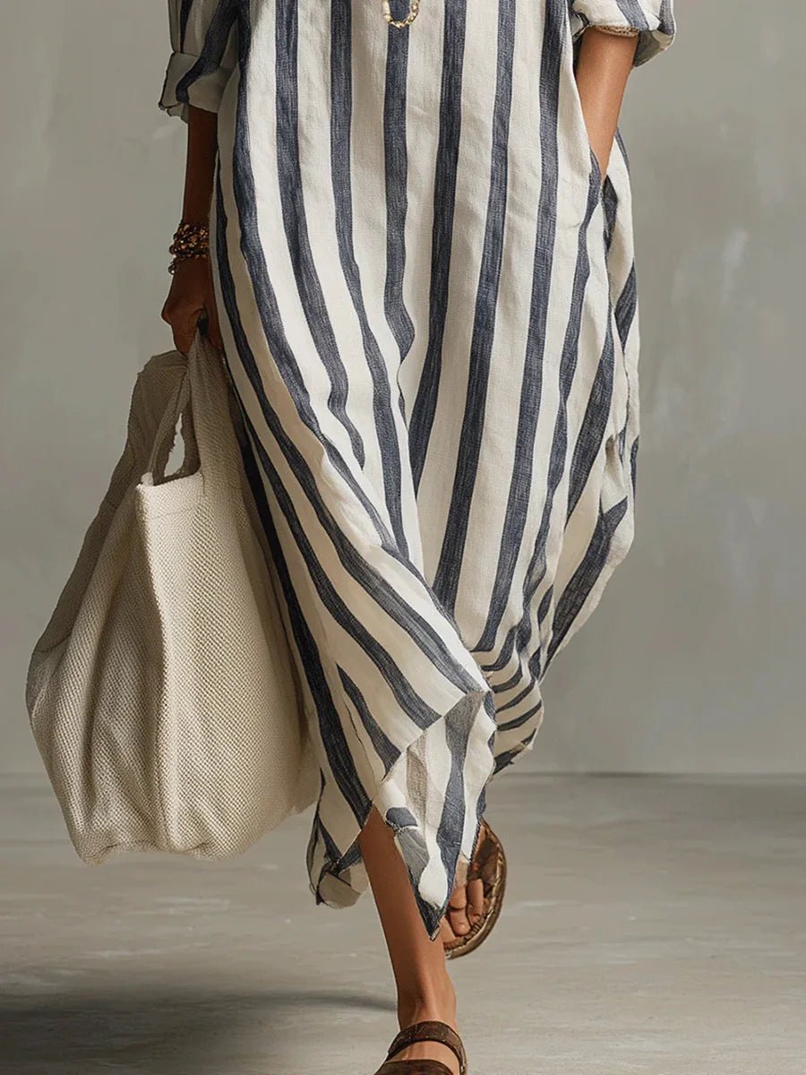 Effortless Linen Shirt Dress for Women Striped Long-Sleeve Maxi
