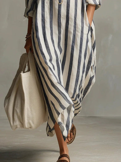 Effortless Linen Shirt Dress for Women Striped Long-Sleeve Maxi