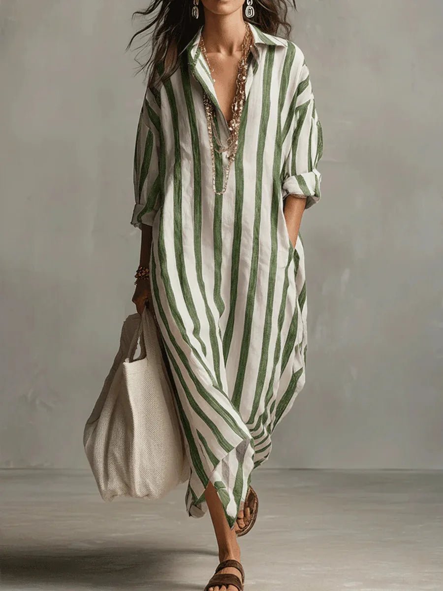 Effortless Linen Shirt Dress for Women Striped Long-Sleeve Maxi