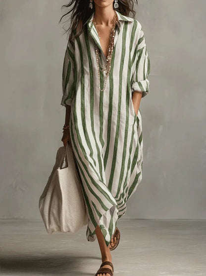 Effortless Linen Shirt Dress for Women Striped Long-Sleeve Maxi